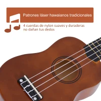 HOMCOM Ukelele Soprano para Principiantes con 4 Cuerdas de Nylon Ajustables Juguete educativo 53x17,5x6,2cm Marrón(m-4)