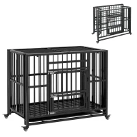 PawHut 37" Heavy Duty Dog Crate, Foldable Dog Cage, with Openable Top, Locks, Removable Tray, Wheels - Black(m-1)