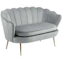 HOMCOM Canapé 2 places en tissu velours en forme de coquillage avec coussin épais de 10 cm pieds dorés effilés gris clair(m-1)