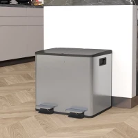 HOMCOM Papelera de Cocina de Acero Inoxidable con 2 Compartimentos 2x15L Pedales Tapas de Cierre Suave y Cubo Extraíble Plata(m-2)