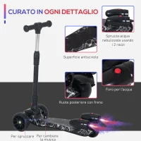 HOMCOM Monopattino a 3 Ruote per Bambini Piccoli 3-6 Anni, Pieghevole, Regolabile con Musica, Ruote Luminose e Razzi, Nero(m-5)
