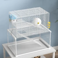 PawHut Gerbil Cage, Dwarf Hamster Cage w/ Deep Glass Bottom, Ramps, Platforms, Hut, Exercise Wheels, Water Bottle - White(m-9)