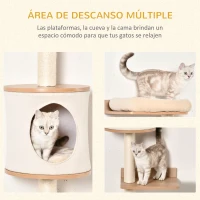 PawHut Árbol para Gatos de Pared 38x30x149 cm con Múltiples Plataformas de Madera Cueva Cama Superior Cojín Extraíble Postes Rascadores de Sisal Torre para Escalar Beige y Roble(m-5)