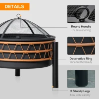 Outsunny 61cm Outdoor Fire Pit, Metal Round Firepit Bowl, Charcoal Log Wood Burner with Screen Cover, Poker for Patio, Black(m-5)