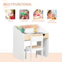 HOMCOM Escritorio para Niños con Silla de 3 a 6 Años con Cajón y Estante para Libros 70x50x75 cm Blanco y Natural(m-4)