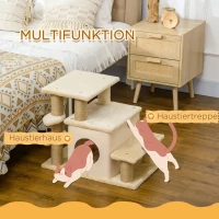 PawHut Haustiertreppe, Kratzbaum, 4 Stufen, Spielball, Häuschen, höhenverstellbar, 60 x 40 x 66 cm, Beige(m-5)