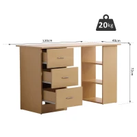HOMCOM Scrivania Porta PC con 3 Cassetti e 3 Ripiani, Scrivania per Camera e Ufficio 120x49x72cm Legno Naturale(m-3)