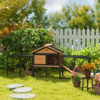 PawHut Wooden Rabbit Hutch Outdoor with Steel Run, Wooden Guinea Pig Cage with Removable Plastic Tray, Asphalt Roof, Ramp(m-8)