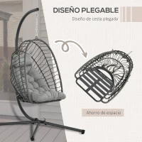 Outsunny Silla Colgante Plegable con Soporte y 2 Cojines Carga 100 kg para Interior y Exterior en Acabado de Ratán PE Gris Oscuro(m-4)