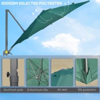 Outsunny 3 x 3(m) Cantilever Parasol with Cross Base, Garden Umbrella with 360° Rotation, Crank Handle and Tilt for Outdoor, Patio, Green(m-7)