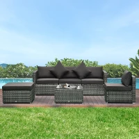 Outsunny 6 Pieces Rattan Garden Furniture Set, 5 Seater Sectional Garden Corner Sofa Set with Glass Top Coffee Table, Cushions and Pillows, All-Weather Wicker Conversation Furniture, Grey(m-2)