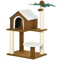 PawHut Árbol Rascador para Gatos con Caseta Plataformas Poste en Forma de Palmera y Bolas Colgantes 55x40x89 cm Marrón(m-10)