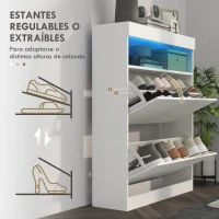 HOMCOM Armario Zapatero con Luces LED y 2 Cajones Abatibles para 12-16 Pares de Zapatos 80x24x99,5 cm Blanco Brillante(m-6)