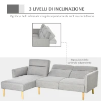 HOMCOM Divano Letto 3 Posti, Divano Angolare in Tessuto Grigio con Schienale Regolabile, Stile Scandinavo, 207x146x80cm(m-5)