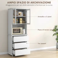HOMCOM Credenza Cucina Alta con Armadietto a 2 Livelli e 3 Cassetti, Dispensa in MDF, 68x38x172 cm, Bianco|Aosom Italy(m-4)