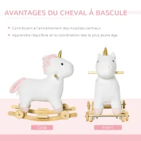 HOMCOM Cheval à bascule enfant en bois avec roues utilisation 2 en 1 pour petits enfants effet sonore 63 x 38 x 63 cm blanc(m-5)