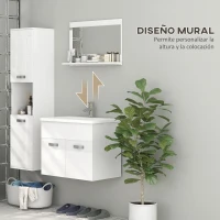kleankin Conjunto de Muebles de Baño de Pared 3 Piezas Incluye Espejo Armario con Lavabo Cerámico y Columna de Baño Blanco(m-5)