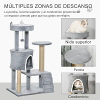 PawHut Árbol para Gatos de 5 Niveles Torre para Gatos con Plataformas Nido Postes de Yute Escalera y Bola Colgante Gris(m-6)