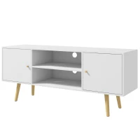 HOMCOM Meuble TV style scandinave 2 portes 2 niches passe-fils piètement bois pin panneaux blanc - 120 x 34 x 50 cm blanc(m-10)