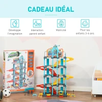 HOMCOM Garage Parking Voitures Enfant - 5 Niveaux, 4 Voitures, 1 hélicoptère - Ascenseur Manuel, Station-Service, Pont élévateur - PP ABS Bleu Rouge Jaune(m-4)