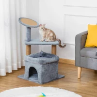 PawHut Tiragraffi per Gatti con Pali in Juta, Casetta e Cuscino, Rivestimento Peluche, Altezza 84cm, Grigio(m-2)