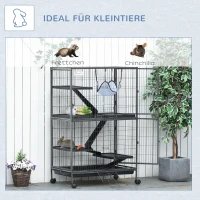 PawHut Kleintierkäfig mit Hängematten Nagervoliere mit Rollen 4 stöckig Käfig XXL geeignet für Hamster Kleintiere Meerschweinchen Metall Kunststoff Silber+Grau 80 x 52 x128 cm(m-4)