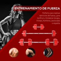 HOMCOM Juego de Mancuernas 30 kg Ajustables 2 en 1 con 12 Discos 2 Barras y Biela Ajustable para Entrenamiento de Fuerza Levantamiento de Pesas Hogar Gimnasio Oficina Negro y Rojo(m-5)