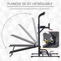 HOMCOM Station de traction musculation multifonctions Fitness entrainement complet barre de traction poignées push-up sit-up banc pliable hauteur réglable acier 98 x 220 x 229 cm noir rouge(m-5)