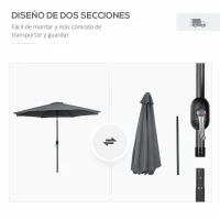 Outsunny Sombrilla de Jardín Ø295x250 cm con Manivela Parasol Exterior con Mecanismo de Inclinación y Poste Desmontable de Metal para Terraza Piscina Patio Gris Oscuro(m-6)