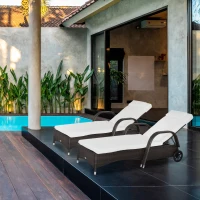 Outsunny 2PC Rattan Sun Lounger Recliner Bed Reclining Chair Patio Garden Outdoor Wicker Weave Adjustable Headrest with Fire Retardant Cushion – Brown(m-2)