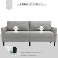 HOMCOM Canapé 3 Places Style Contemporain assises Larges Profondes accoudoirs courbés piètement effilé Bois hévéa Noir Polyester Gris Clair(m-6)