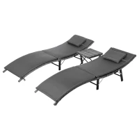 Outsunny Lettini Prendisole Richiudibili con Cuscini Rimovibili e Tavolino Pieghevole, Set 3 Pz in Rattan, Grigio(m-10)