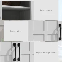 HOMCOM Buffet de cuisine armoire multi-rangements 2 placards, portes en verre, 4 étagères en bois blanc(m-6)