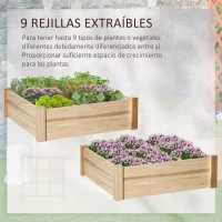 Outsunny Huerto Urbano de Madera Cuadrada 90x90x28 cm con 9 Compartimentos Extraíbles Arriate de Jardín para Cultivos Plantas Flores Natural(m-4)