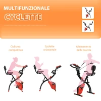 HOMCOM Cyclette Pieghevole 2 in 1, Resistenza Magnetica Regolabile 8 Livelli, Cyclette da Casa Silenziosa con Sensore di Frequenza Cardiaca, Elastici per Braccia, Schermo LCD, Volano 2.5kg, Rosso(m-8)