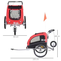 HOMCOM Remorque vélo Jogger 2 en 1 pour Animaux Drapeau Roue Avant pivotante réflecteurs et Barre d'attelage Inclus Rouge Noir(m-3)