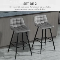 HOMCOM Lot de 2 tabourets chaises de bar design en velours capitonné et métal hauteur 64,5 cm - gris(m-4)