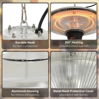 Outsunny 1500W Patio Heater Outdoor Ceiling Mounted Aluminium Halogen Electric Hanging Heating Light with Remote Control and 3 Heat Settings, Silver(m-6)