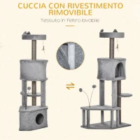 PawHut Albero Tiragraffi per Gatti 4.5kg con Pali in Sisal e Rivestimento in Peluche, Altezza 133cm - Grigio(m-5)