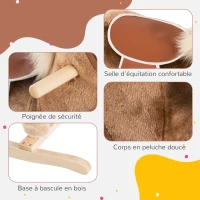 HOMCOM Cheval à Bascule Cheval de Cowboy Selle Grand Confort pour Enfants de 36+Mois Peluche Courte Douce Bois peuplier Charge 40 Kg Brun Blanc(m-5)