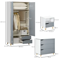 HOMCOM Bedroom Furniture Set, Wardrobe with Hanging Rail, 3 Drawer Chest of Drawers, Bedside Table with Drawer, Grey and White(m-3)