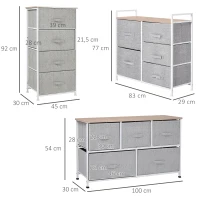 HOMCOM Lot de 3 commodes en tissu meuble de rangement chiffonnier 14 tiroirs non-tissés gris structure acier blanc plateau(m-3)