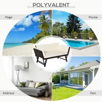 Outsunny Canapé lit de jardin extensible 3 places grand confort 4 coussins écru inclus résine tressée imitation rotin chocolat(m-7)