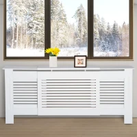 HOMCOM MDF Extendable Radiator Cover Cabinet Shelving Home Office Slatted Design White 139-208.5L x 20.5W x 82.5H cm(m-10)