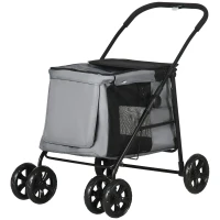 PawHut Dog Pram Dog Stroller 4 Wheels Pet Pushchair with Rolling Door, Cushion, Safety Leashes, for Small and Medium Breeds, Grey(m-11)