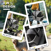 PawHut 3 in 1 One-Click Foldable Pet Stroller, Detachable Dog Cat Travel Pushchair, Car Seat w/ EVA Wheels, Basket, Adjustable Canopy, Safety Leash, Cushion, for Small Pets - Grey(m-5)