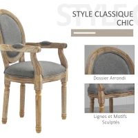 HOMCOM Chaise de Salle à Manger Chaise de Salon médaillon Style Louis XVI Bois Massif patiné sculpté Tissu Lin Gris(m-5)