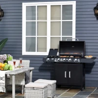 Outsunny Barbacoa de Gas con 4+1 Quemadores 14,4 KW Mesas Laterales Armario de Almacenaje Termómetro y 2 Ruedas Acero Inoxidable BBQ 125x51x100 cm Negro(m-2)