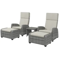 Outsunny 5-Piece Rattan Patio Reclining Chair Set with Footstools, Coffee Table, Cushions, for Outdoor Garden, Grey(m-11)