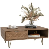 HOMCOM Tavolino da Caffè con 2 Ripiani Aperti e 2 Cassetti in Truciolato e Metallo, 95x62x36.5 cm(m-1)